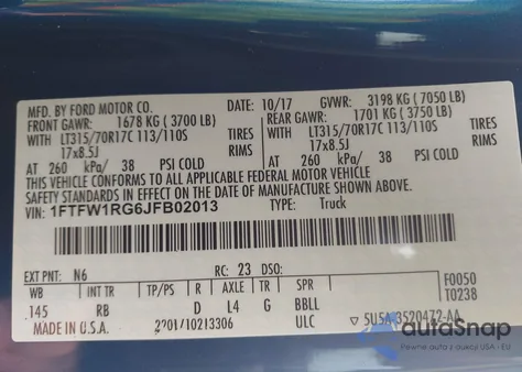 2018 Ford F-150 Raptor из США, поврежденный, VIN 1FTFW1RG6JFB02013